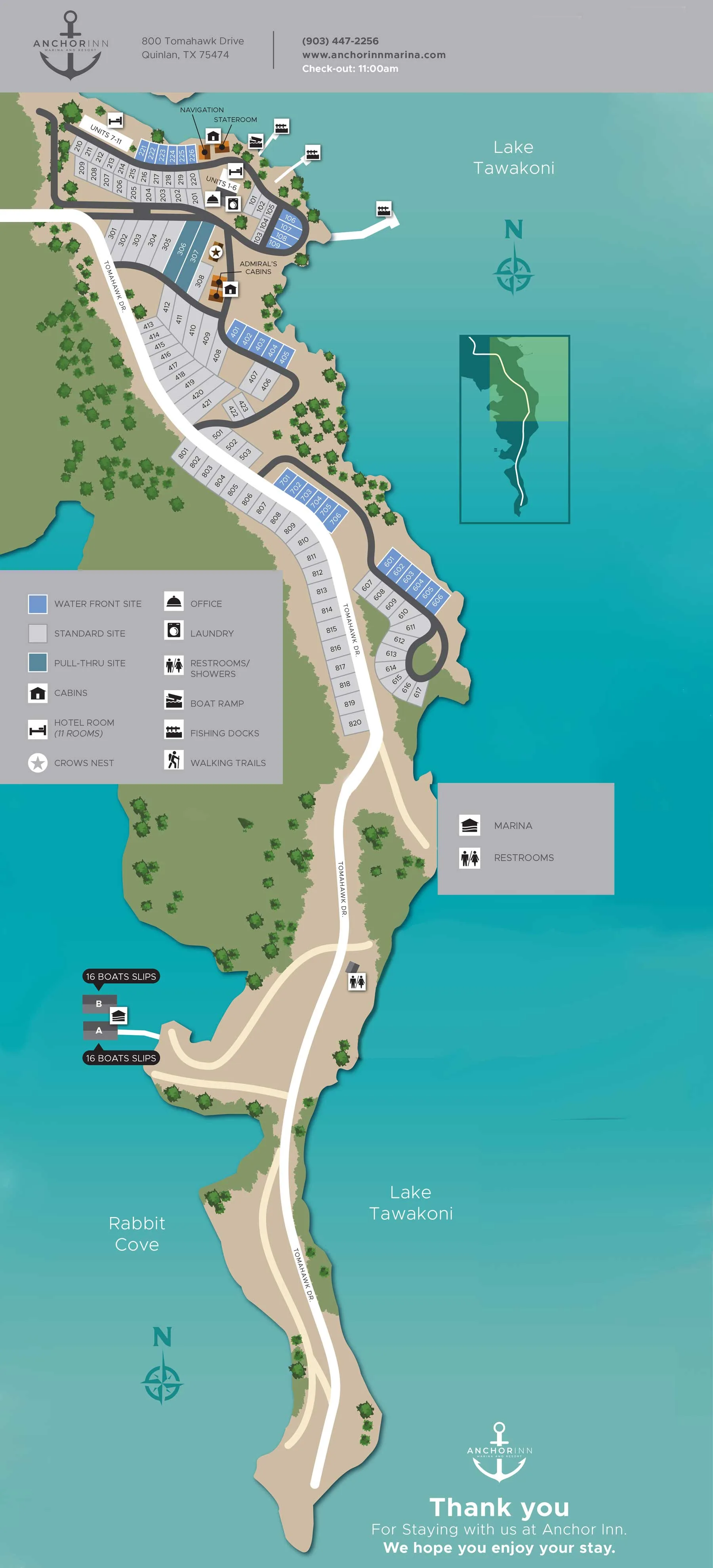 Anchor Inn Marina & Resort site map showing RV sites, cabins, guest rooms, boat ramp, fishing docks, boat slips, and walking trails along Lake Tawakoni